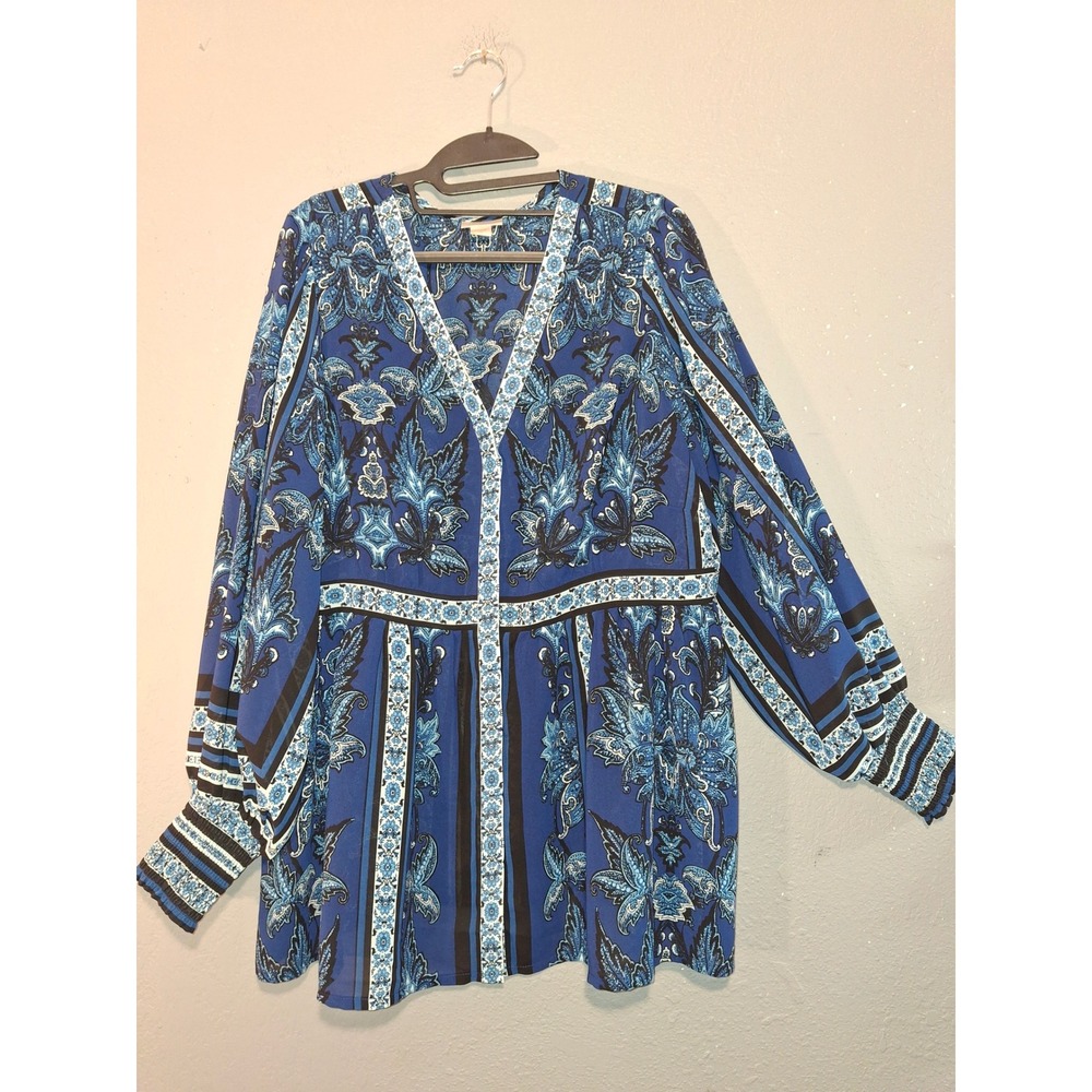 Avenue Women Blue Paisley Border Print V-Neck Blouse Smocked Cuff Top Size 18